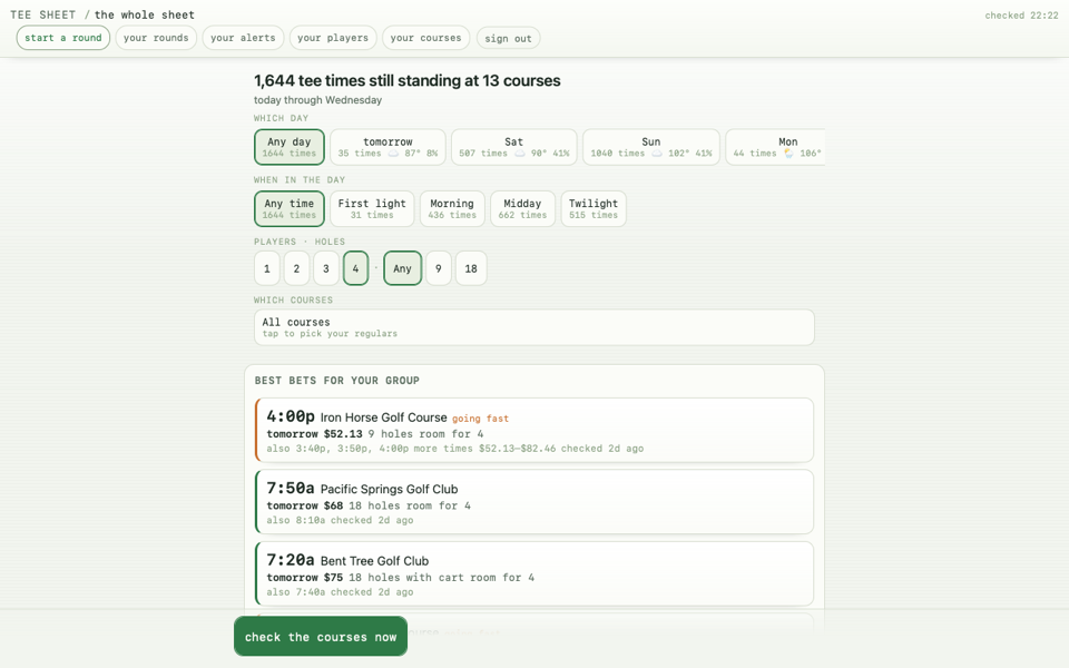 Tee Time Locator, the live consumer product, showing real tee times